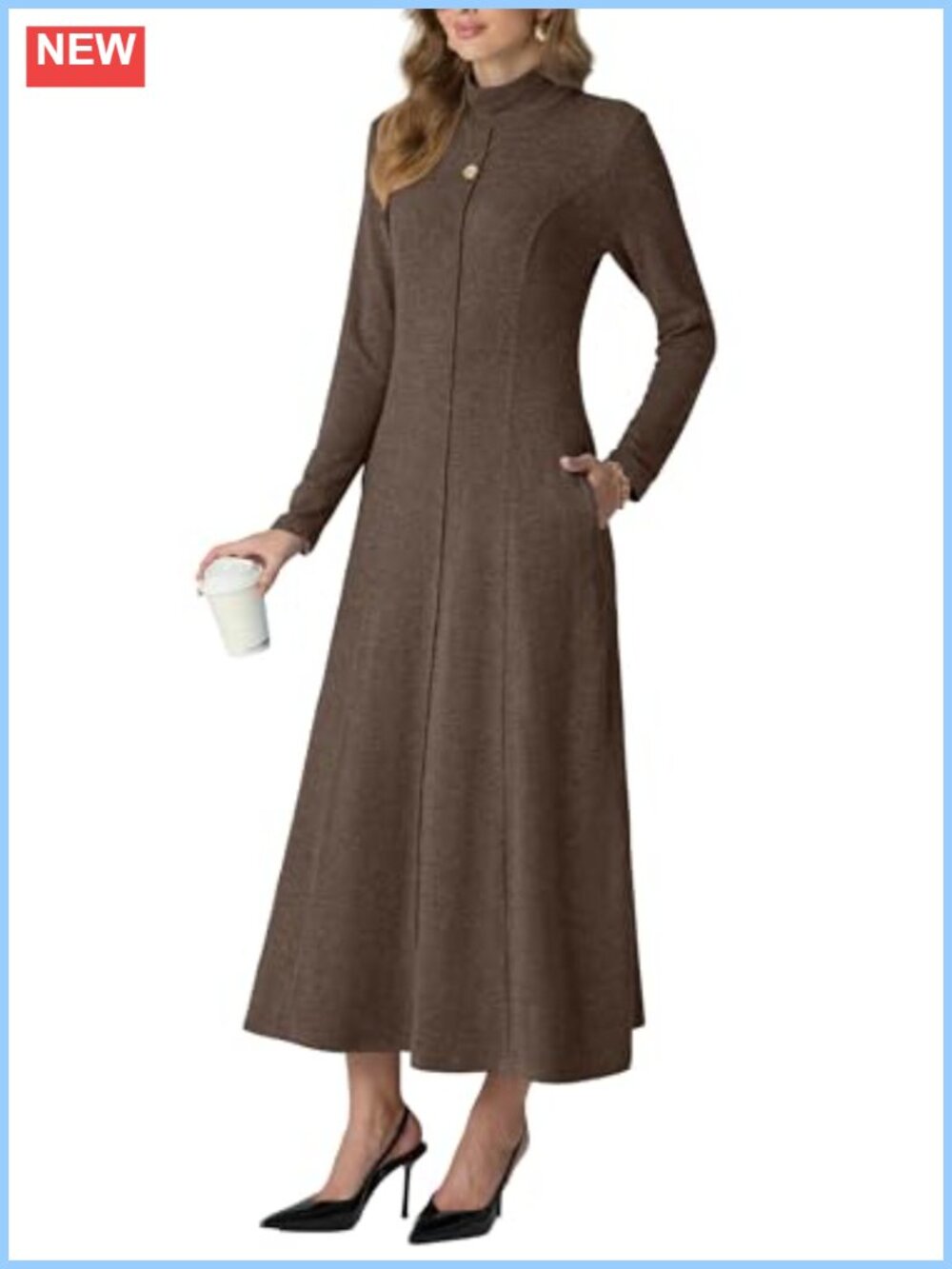 Mock Neck Long Sleeve Flared Maxi Sweater Dress with Pockets